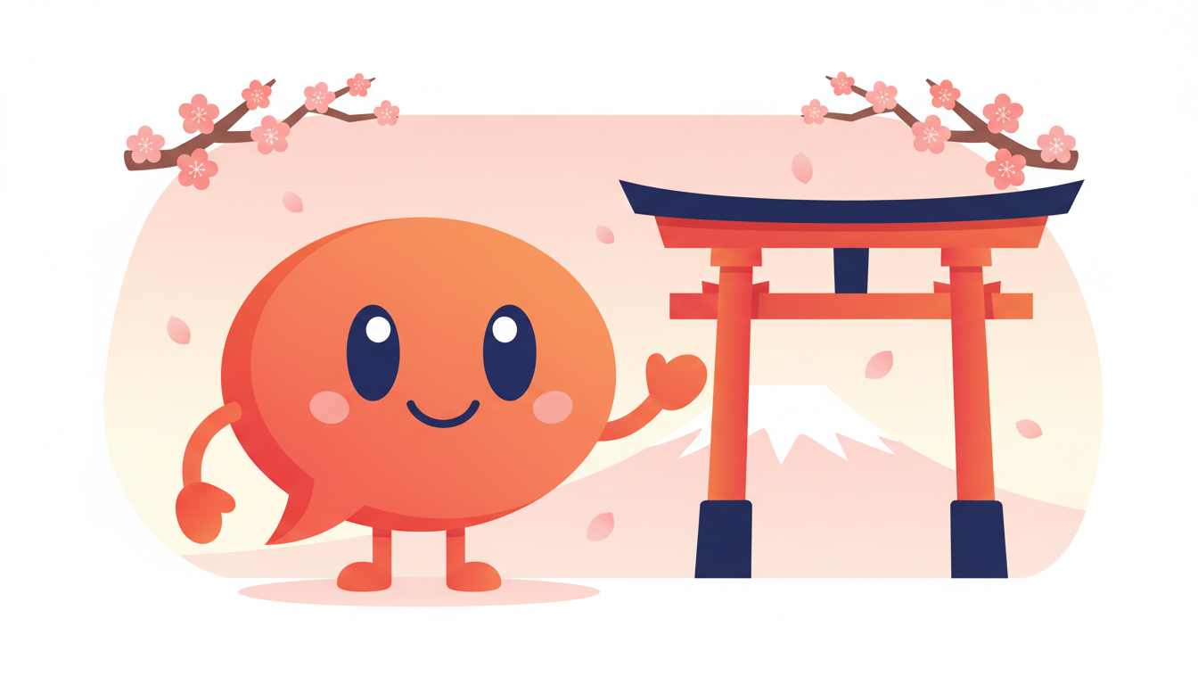 Flowy the LocaleFlow mascot beside a red torii gate with Mount Fuji and cherry blossoms - Shopify localization for Japan