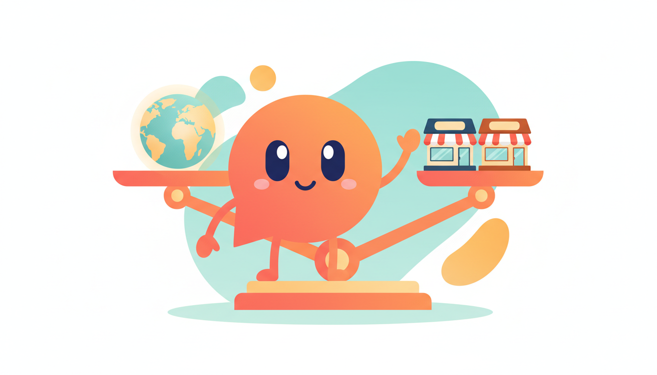 Flowy, la mascota de LocaleFlow, sopesando un globo unificado frente a dos escaparates separados: Shopify Markets vs tiendas de expansión