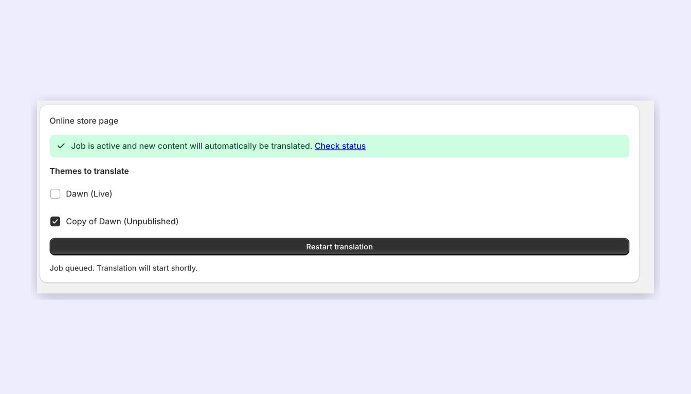 The LocaleFlow Themes to translate list, with an unpublished theme ticked and the live theme left unticked