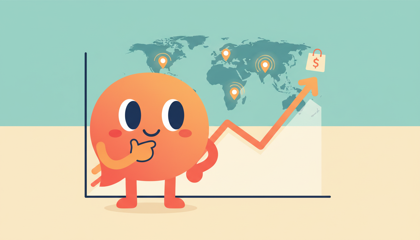 Flowy, la mascota de LocaleFlow, estudiando un gráfico de ventas plano junto a un mapamundi con marcadores de mercado - por qué una tienda Shopify internacional no vende